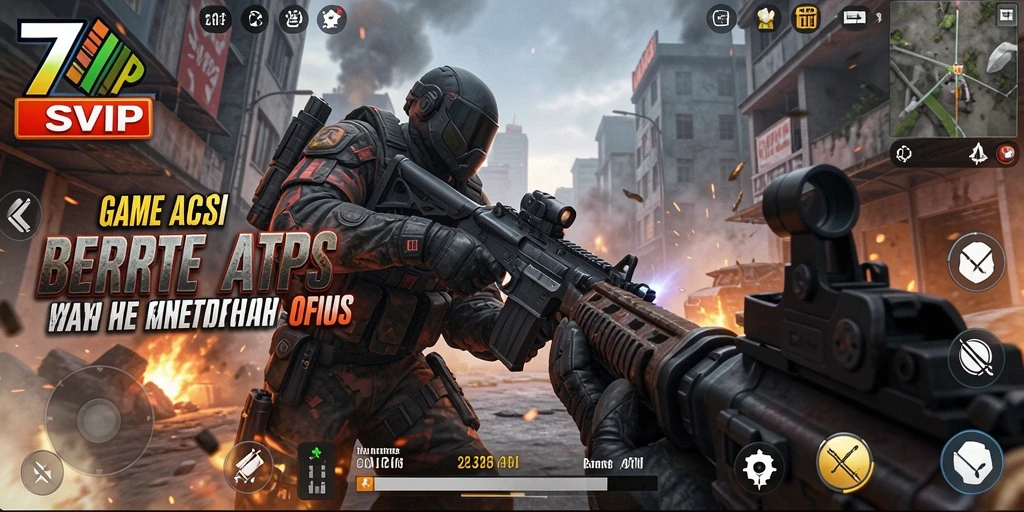 Tangkapan layar utama 7SVIP menunjukkan aksi intens dalam gameplay TPS.