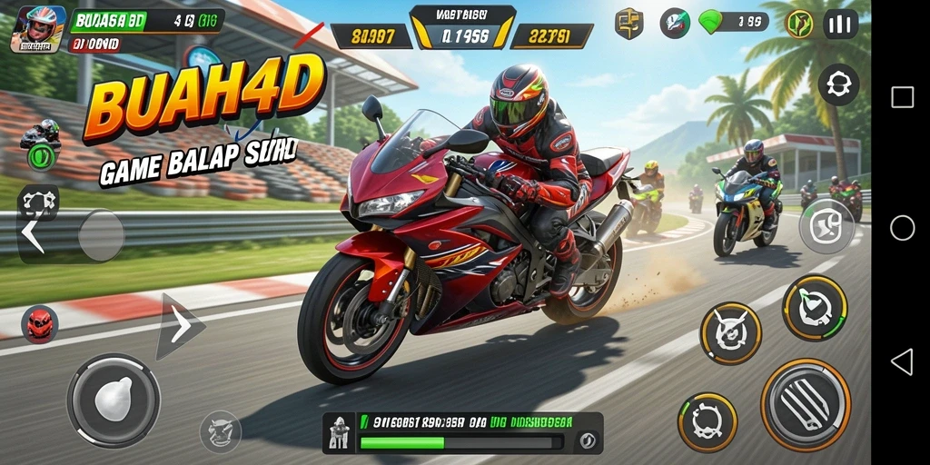 Screenshot dari gameplay BUAH4D, menunjukkan aksi balapan yang seru.