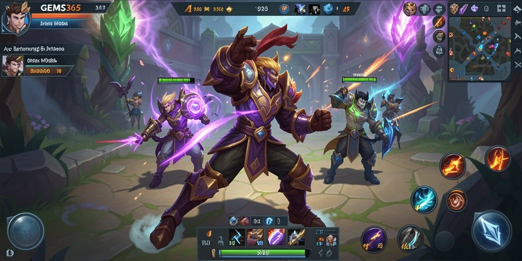 Screenshot gameplay GEMS365 menampilkan karakter bertarung di arena MOBA.