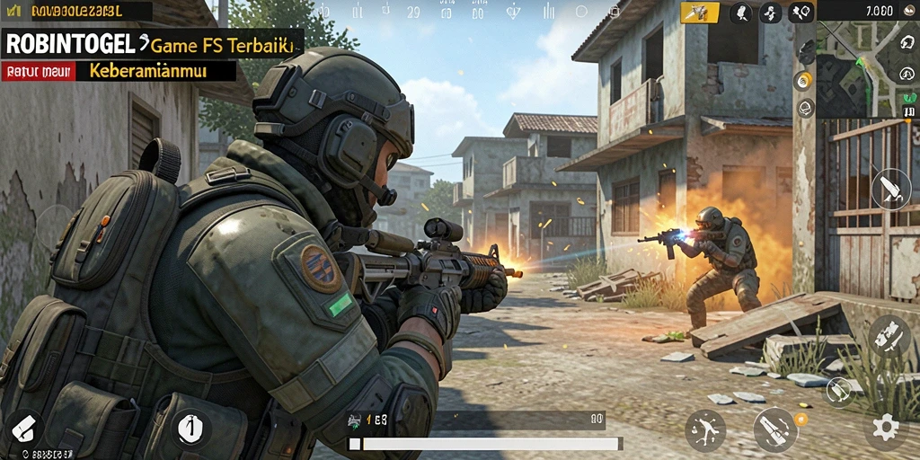 Tampilan gameplay mendebarkan dalam ROBINTOGEL dengan aksi FPS yang intens.