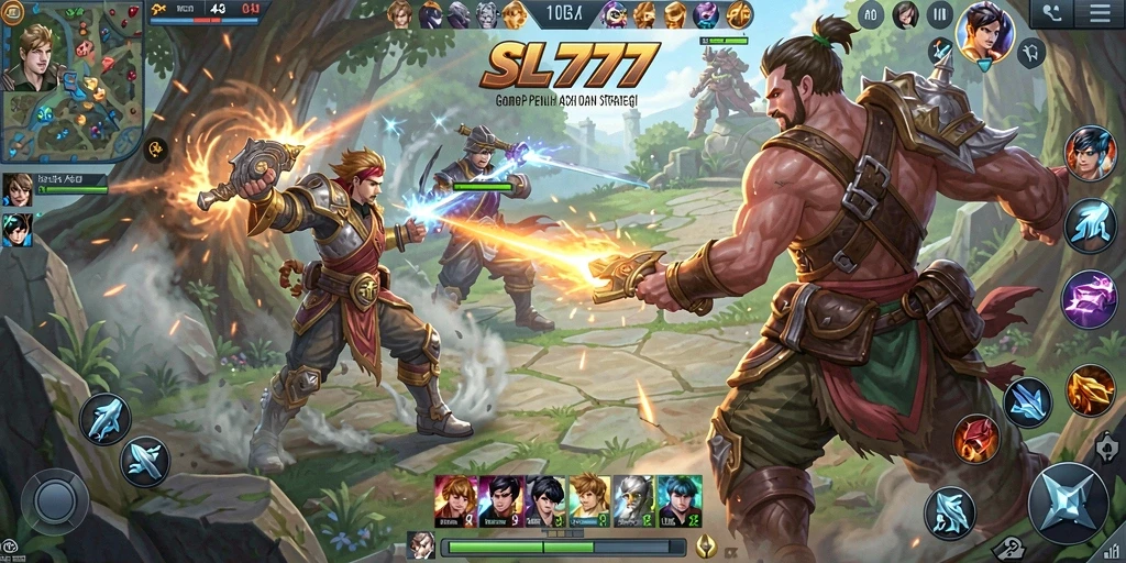 Tangkapan layar <strong>SL777</strong> menampilkan pertempuran seru antara tim di arena MOBA.