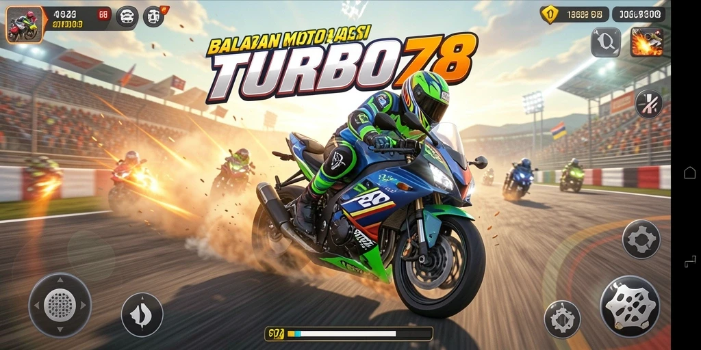 Tampilan gameplay TURBO78 yang penuh aksi dalam balapan motor.