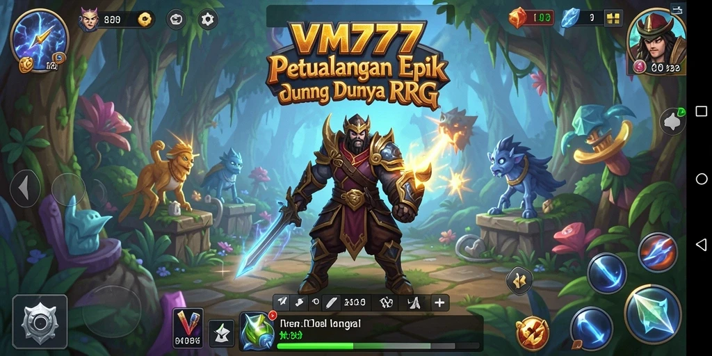 Screenshot utama VM777 menampilkan pertempuran seru di dunia RPG yang indah.